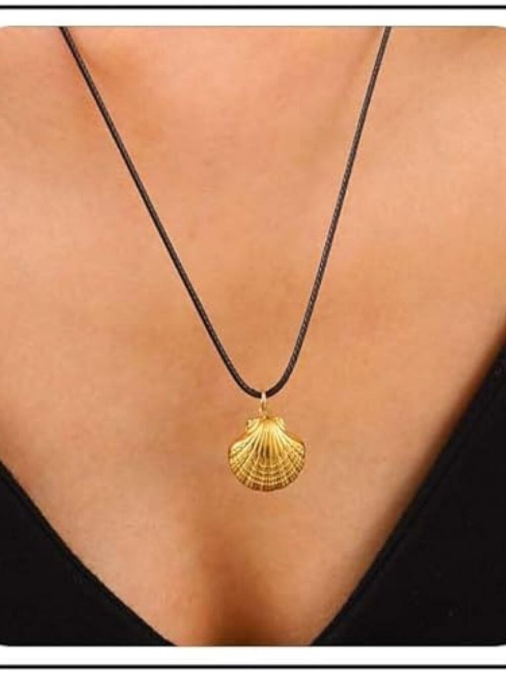 Boho Leather Shell Necklace Gold Seashell Pendant Black Rope Choker